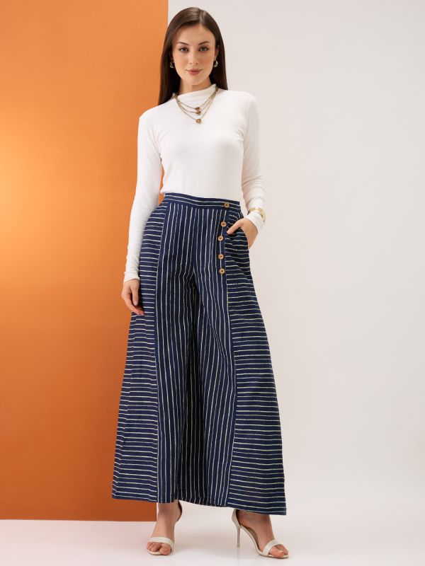 Globus Women Indigo Variegated Stripes Button Detail Mid-Rise Flared Fusion Palazzos