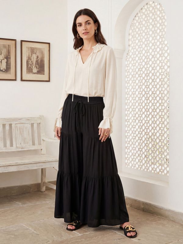 Globus Women Black Mid Rise Drawstring Waist Tiered Flared Hem Wide Leg Fusion Palazzos