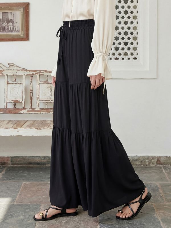 Globus Women Black Mid Rise Drawstring Waist Tiered Flared Hem Wide Leg Fusion Palazzos