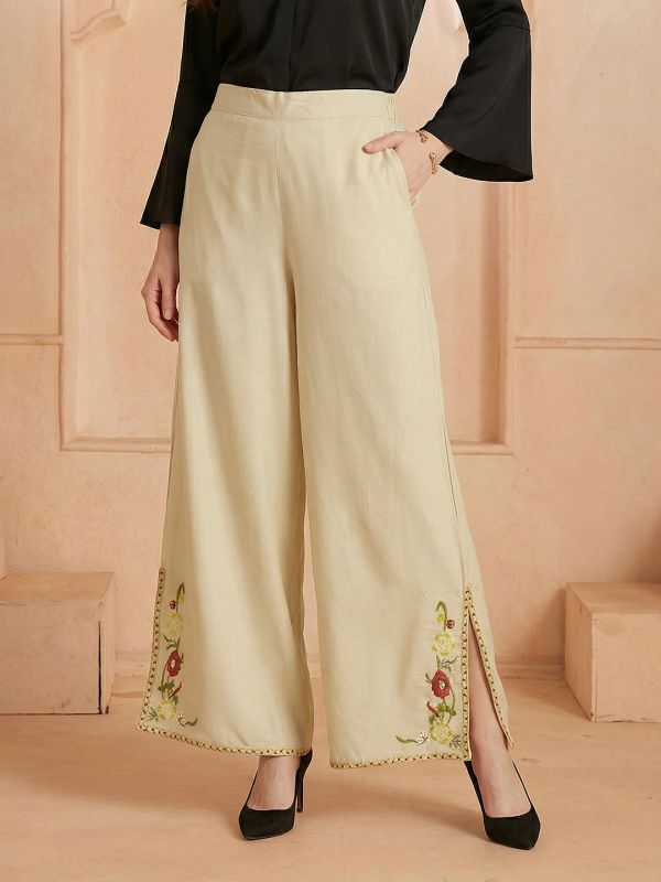 Globus Women Beige Mid Rise Flared Embroidered Hem Side Slits Fusion Palazzos