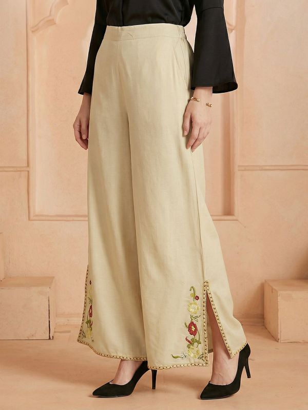 Globus Women Beige Mid Rise Flared Embroidered Hem Side Slits Fusion Palazzos