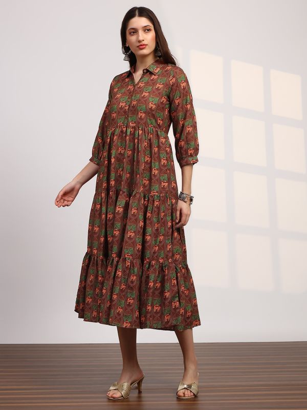 Globus Women Brown Collared Neck Tribal Print Bishop Sleeves Button Down Fit and Flare Tiered Midi Fusion Dress