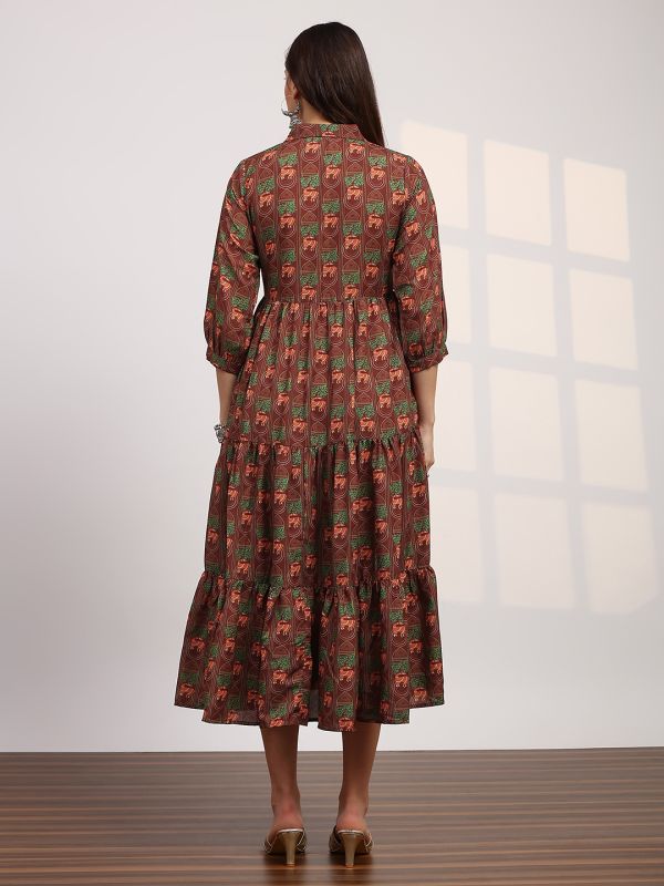 Globus Women Brown Collared Neck Tribal Print Bishop Sleeves Button Down Fit and Flare Tiered Midi Fusion Dress