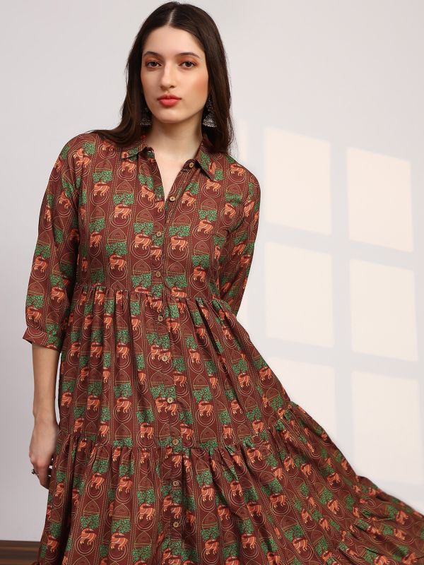 Globus Women Brown Collared Neck Tribal Print Bishop Sleeves Button Down Fit and Flare Tiered Midi Fusion Dress