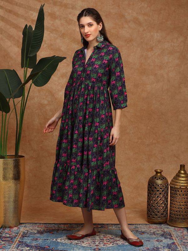 Globus Women Purple Collared Neck Tribal Print Bishop Sleeves Button Down Fit and Flare Tiered Midi Fusion Dress