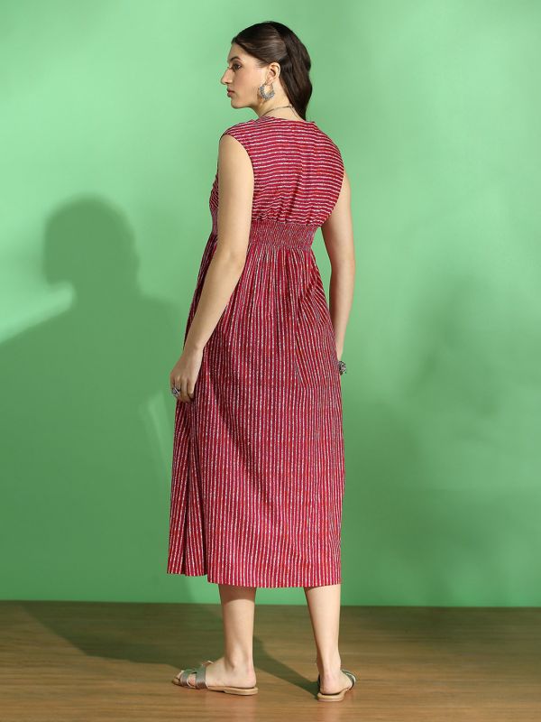 Globus Women Fuchsia Stripes Twisted V-Neck Extended Sleeves Pleated Fit & Flare Midi Fusion Dress