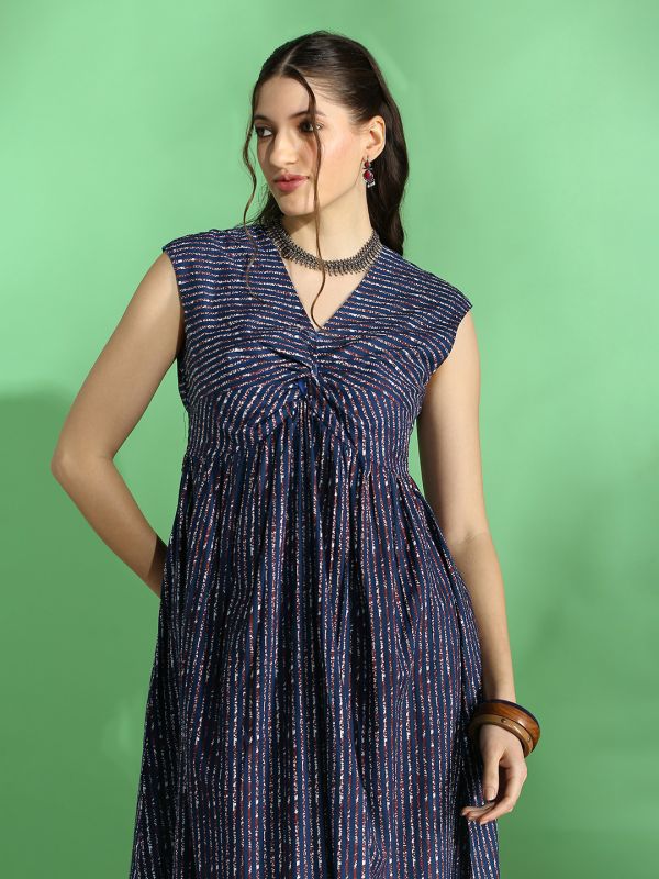 Globus Women Navy Blue Stripes Twisted V-Neck Extended Sleeves Pleated Fit & Flare Midi Fusion Dress