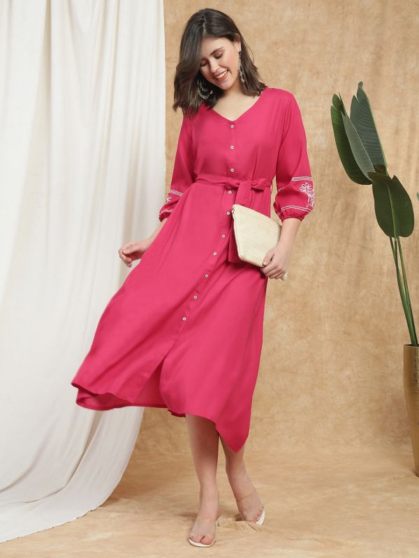 Globus Women Pink V-Neck Bishop Sleeves Embroidered Detail Waist Tie-Ups Button-Down A-Line Midi Fusion Dress
