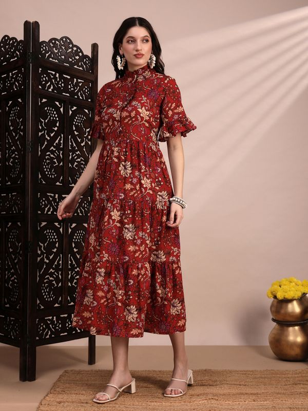 Globus Women Red High Neck Flounce Hem Sleeves Floral Print Tiered Midi A-Line Fusion Dress
