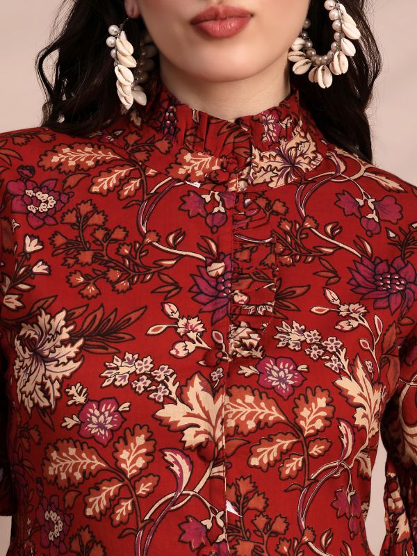 Globus Women Red High Neck Flounce Hem Sleeves Floral Print Tiered Midi A-Line Fusion Dress