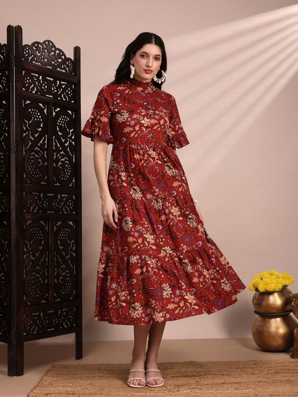 Globus Women Red High Neck Flounce Hem Sleeves Floral Print Tiered Midi A-Line Fusion Dress