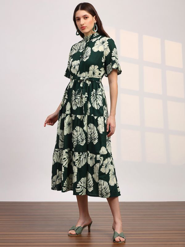 Globus Women Green Floral Print Mandarin Collar Ruffle Sleeve Waist Tie-Ups Fit and Flare Midi Fusion Dress