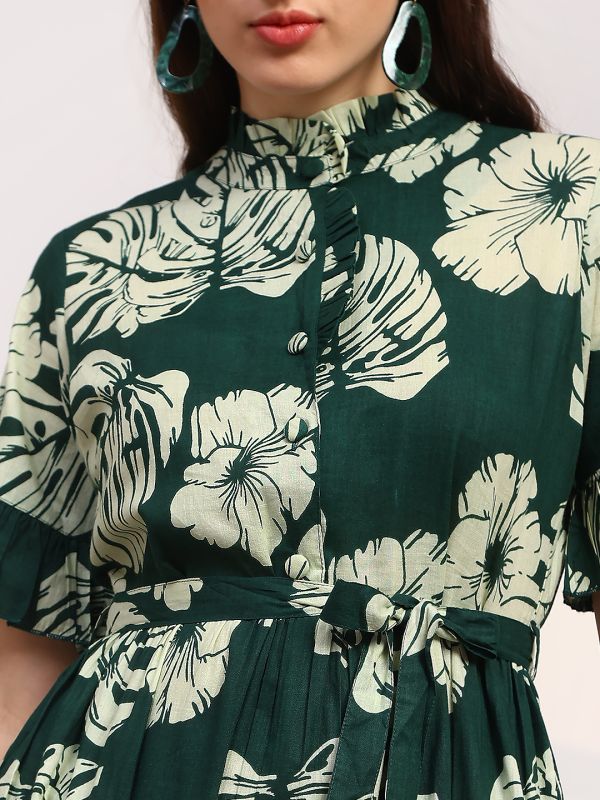 Globus Women Green Floral Print Mandarin Collar Ruffle Sleeve Waist Tie-Ups Fit and Flare Midi Fusion Dress