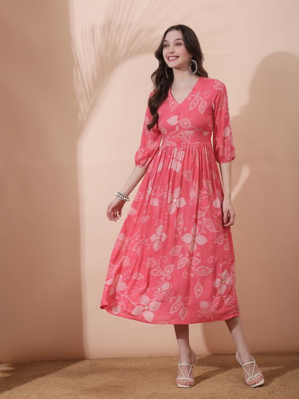 Globus Women Pink Floral Printed V-Neck Bishop Sleeves Smocked Fit & Flare Pleated Maxi Fusion Dress