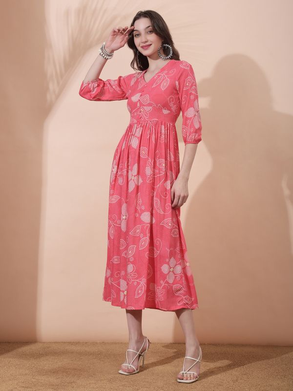 Globus Women Pink Floral Printed V-Neck Bishop Sleeves Smocked Fit & Flare Pleated Maxi Fusion Dress