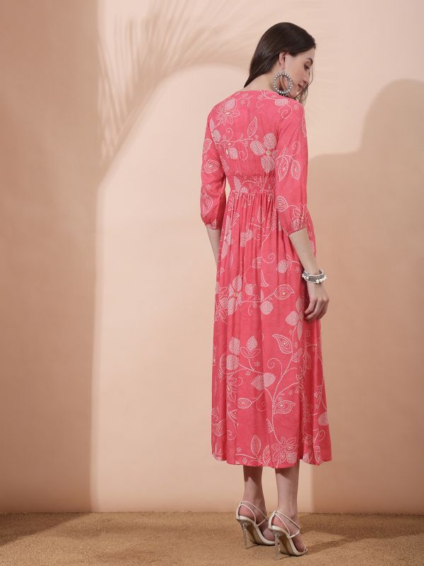 Globus Women Pink Floral Printed V-Neck Bishop Sleeves Smocked Fit & Flare Pleated Maxi Fusion Dress