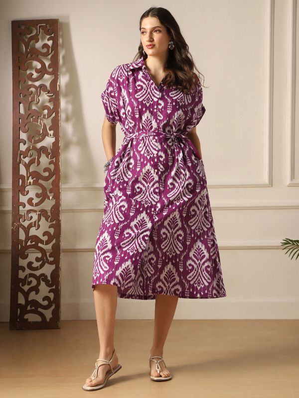 Globus Women Purple Ethnic Print Collared Neck Extended Sleeves Belted Shirt Style Midi Dress