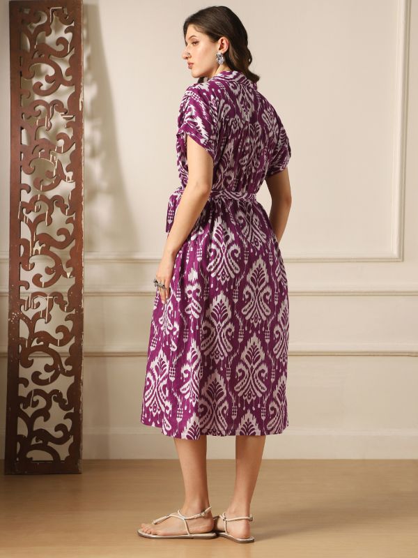 Globus Women Purple Ethnic Print Collared Neck Extended Sleeves Belted Shirt Style Midi Dress