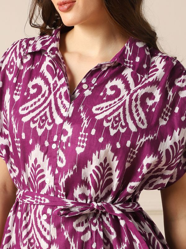 Globus Women Purple Ethnic Print Collared Neck Extended Sleeves Belted Shirt Style Midi Dress