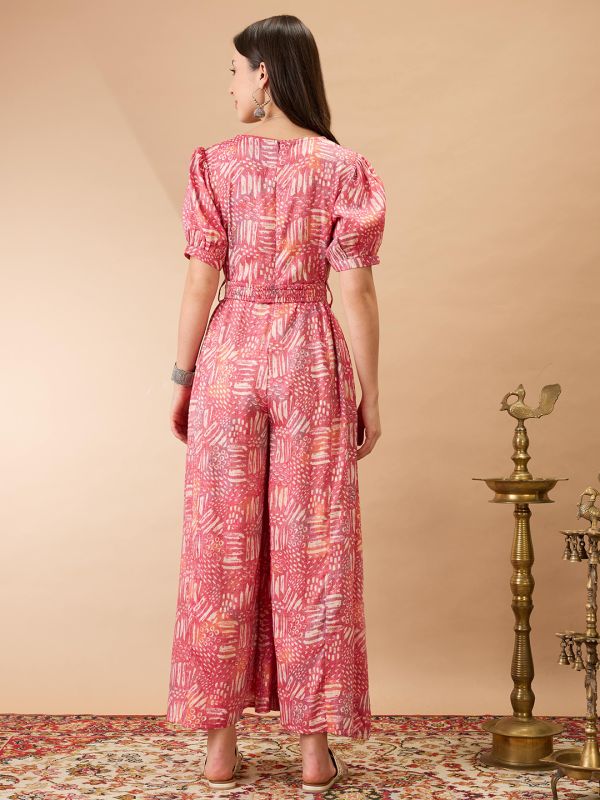 Globus Women Pink Wrap V-Neck Puff Sleeves Abstract Print Flared Wide Leg Fusion Jumpsuit with Belt