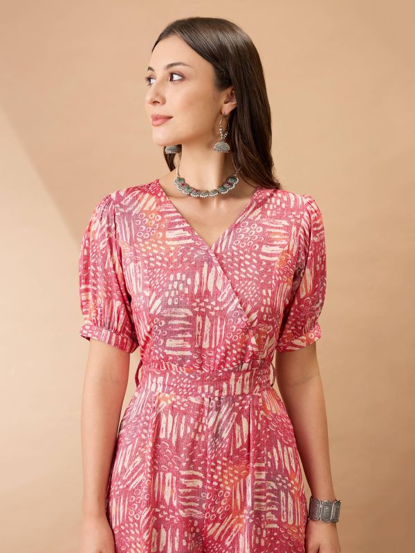 Globus Women Pink Wrap V-Neck Puff Sleeves Abstract Print Flared Wide Leg Fusion Jumpsuit with Belt