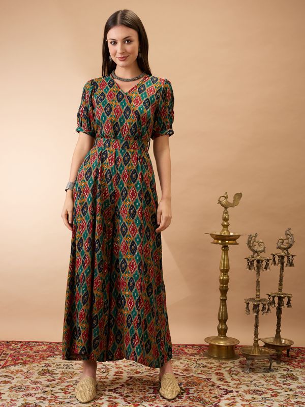 Globus Women Multi Color Wrap V-Neck Puff Sleeves Ethnic Motifs Print Flared Wide Leg Fusion Jumpsuit with Belt