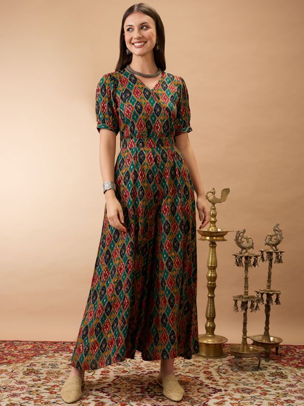 Globus Women Multi Color Wrap V-Neck Puff Sleeves Ethnic Motifs Print Flared Wide Leg Fusion Jumpsuit with Belt