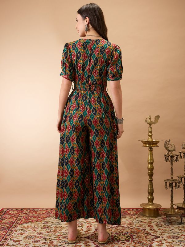 Globus Women Multi Color Wrap V-Neck Puff Sleeves Ethnic Motifs Print Flared Wide Leg Fusion Jumpsuit with Belt