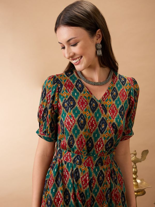 Globus Women Multi Color Wrap V-Neck Puff Sleeves Ethnic Motifs Print Flared Wide Leg Fusion Jumpsuit with Belt