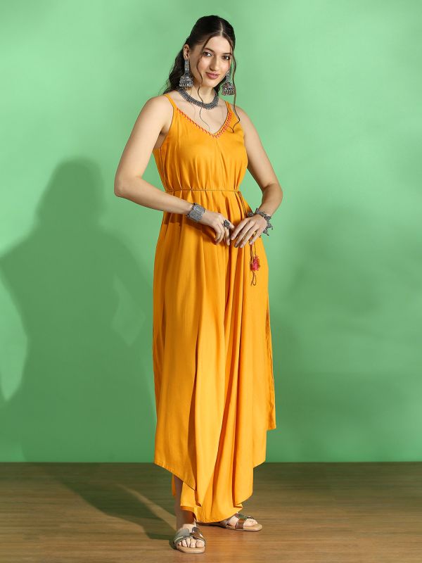 Globus Women Mustard Embroidered V-Neck Strappy Sleeve Waist Tie-Up Asymmetric Flared Hem Fusion Jumpsuit