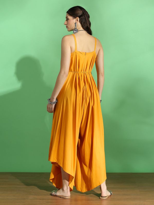 Globus Women Mustard Embroidered V-Neck Strappy Sleeve Waist Tie-Up Asymmetric Flared Hem Fusion Jumpsuit