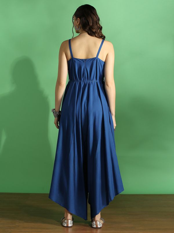 Globus Women Indigo Embroidered V-Neck Strappy Sleeve Waist Tie-Up Asymmetric Flared Hem Fusion Jumpsuit