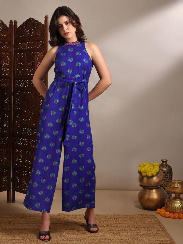 Globus Women Blue Halter Neck Embroidered Detail Tribal Print Belted Wide Flared Fusion Jumpsuit