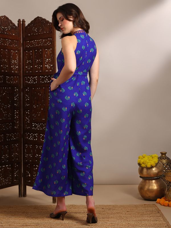 Globus Women Blue Halter Neck Embroidered Detail Tribal Print Belted Wide Flared Fusion Jumpsuit