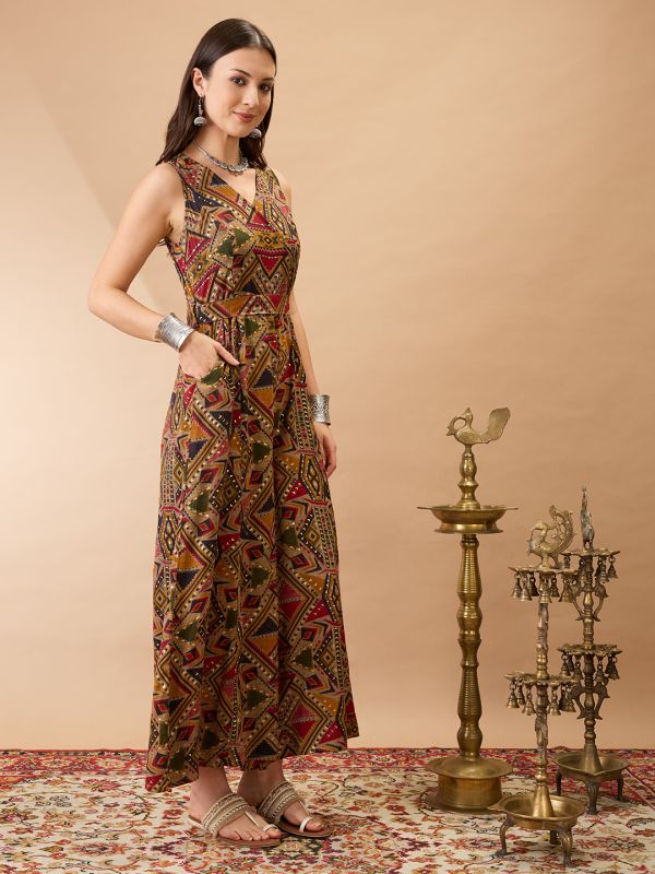 Globus Women Mustard Wrap V-Neck Sleeveless Tribal Print Flared Wide Leg Fusion Jumpsuit with Belt