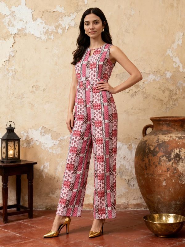 Globus Women Pink Keyhole Neck Sleeveless Ethnic Print Straight Fit Wide Leg Fusion Jumpsuit