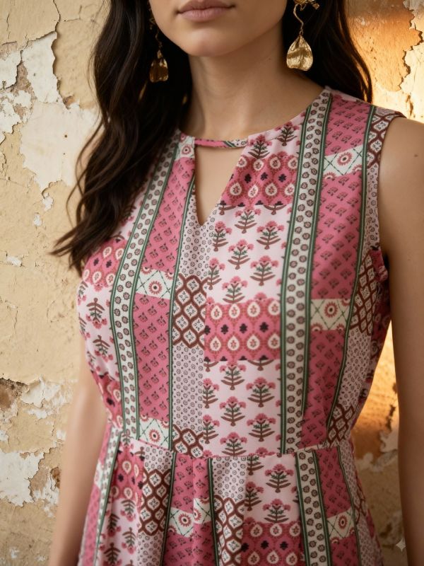 Globus Women Pink Keyhole Neck Sleeveless Ethnic Print Straight Fit Wide Leg Fusion Jumpsuit