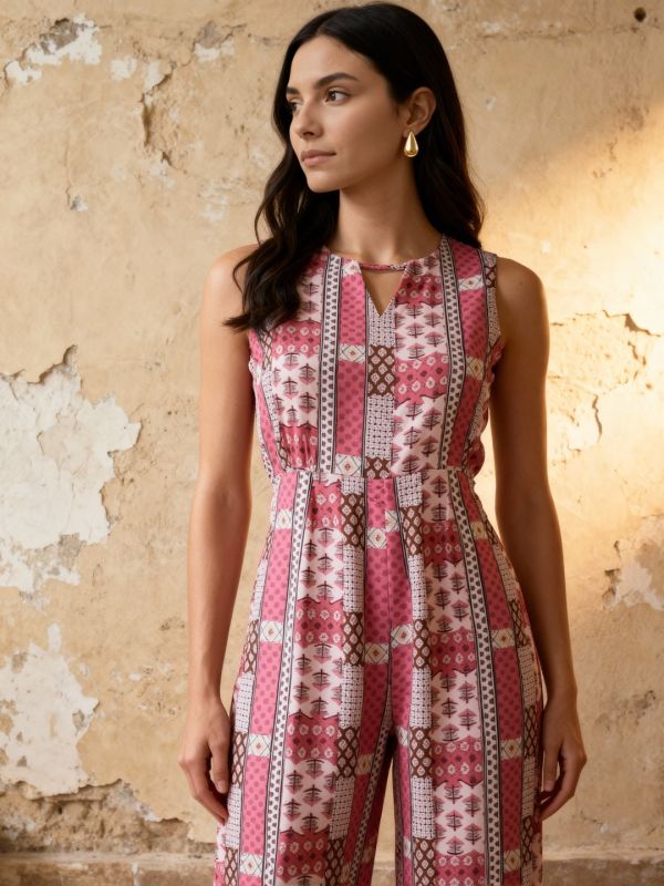 Globus Women Pink Keyhole Neck Sleeveless Ethnic Print Straight Fit Wide Leg Fusion Jumpsuit