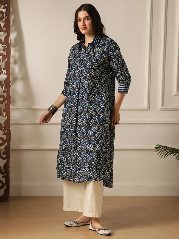 Globus Women Indigo Collared Neck Ethnic Floral Print A-Line Fusion Shirt Style Kurta