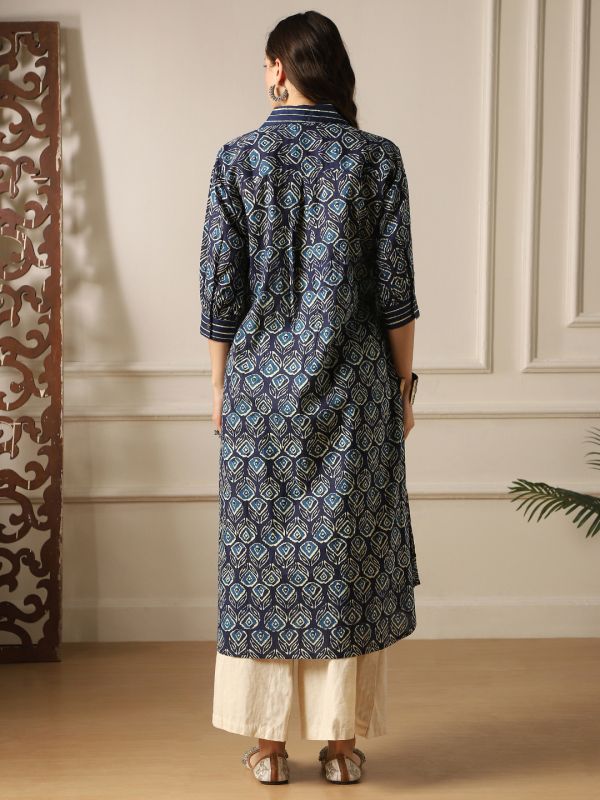 Globus Women Indigo Collared Neck Ethnic Floral Print A-Line Fusion Shirt Style Kurta