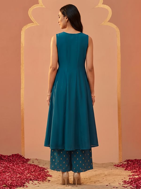 Globus Women Blue Round Neck Embroidered Yoke Coin Detail A-Line Flared Hem Kurta & Foil Printed Palazzo Set