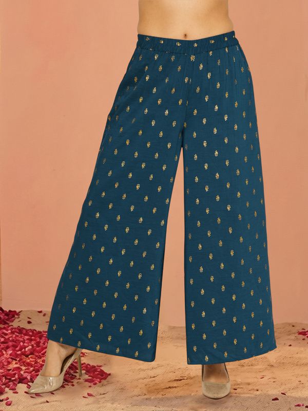 Globus Women Blue Round Neck Embroidered Yoke Coin Detail A-Line Flared Hem Kurta & Foil Printed Palazzo Set