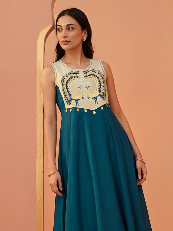 Globus Women Blue Round Neck Embroidered Yoke Coin Detail A-Line Flared Hem Kurta & Foil Printed Palazzo Set