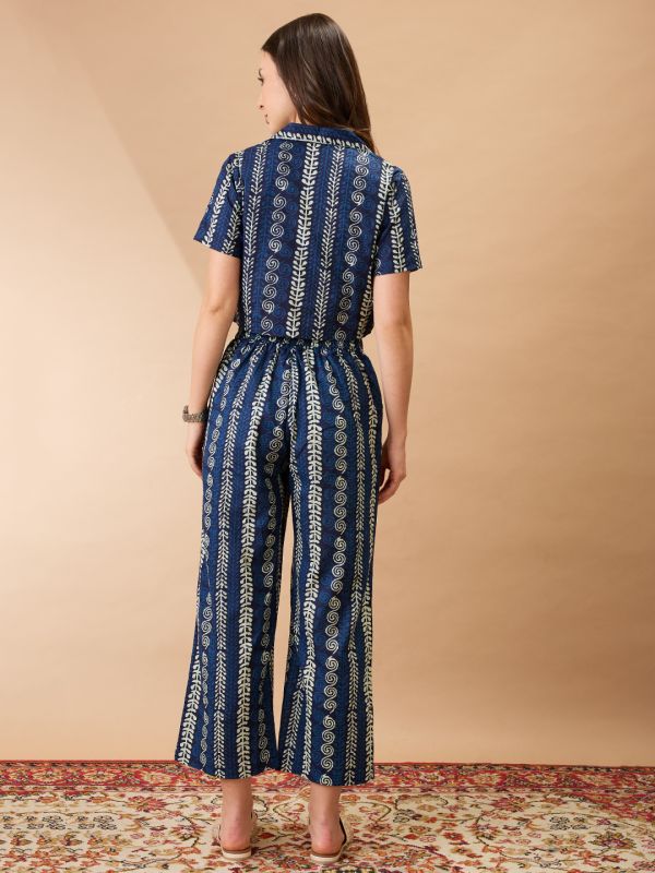 Globus Women Indigo Ethnic Print Notch Lapel Crop Shirt With Straight Pant Co-ords Set