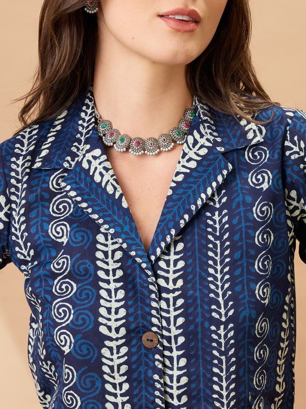 Globus Women Indigo Ethnic Print Notch Lapel Crop Shirt With Straight Pant Co-ords Set