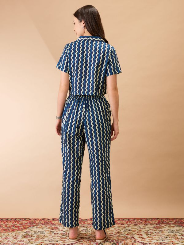 Globus Women Indigo Chevron Print Notch Lapel Crop Shirt With Straight Pant Co-ords Set