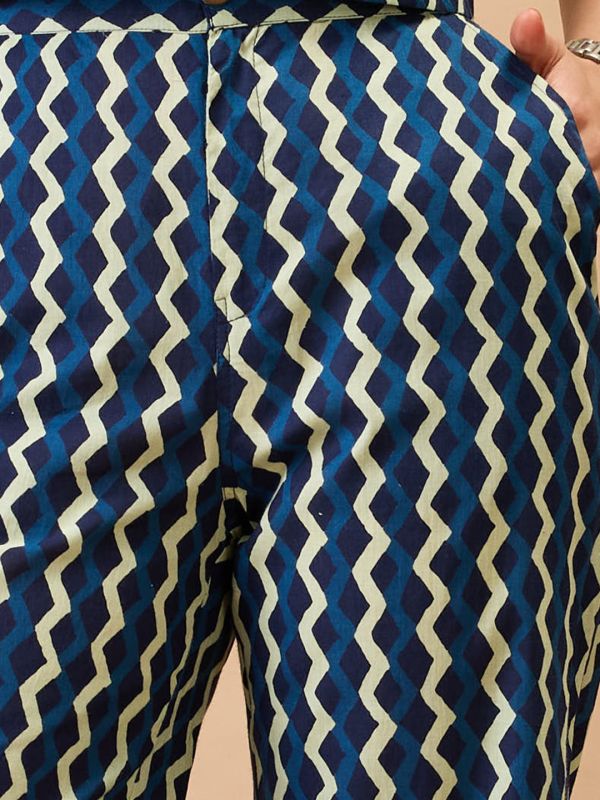 Globus Women Indigo Chevron Print Notch Lapel Crop Shirt With Straight Pant Co-ords Set