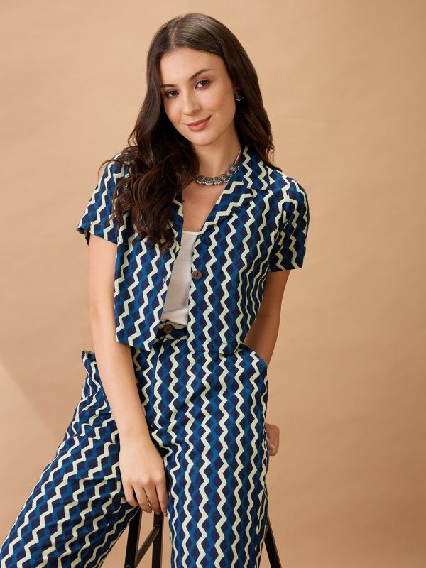 Globus Women Indigo Chevron Print Notch Lapel Crop Shirt With Straight Pant Co-ords Set