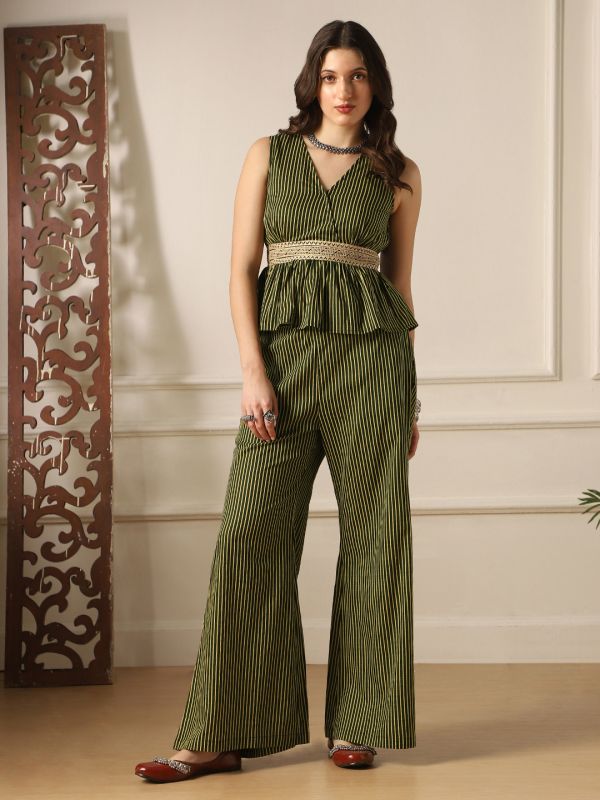 Globus Women Olive V-Neck Striped Peplum Top & Bell Bottom Pants Fusion Co-Ord Set
