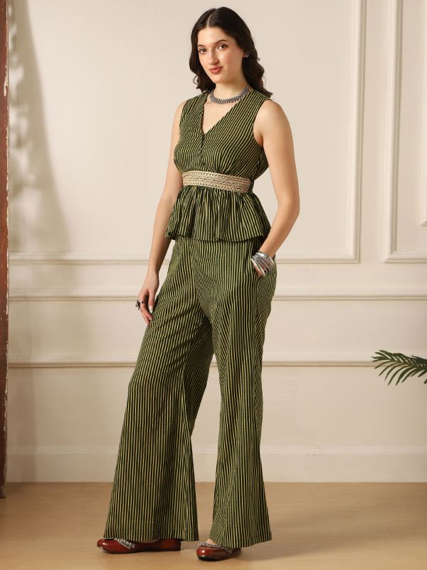 Globus Women Olive V-Neck Striped Peplum Top & Bell Bottom Pants Fusion Co-Ord Set